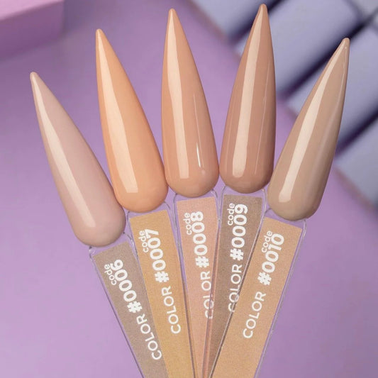 Five DNKa' Gel Polish nail swatches side by side showing Color #0006 through #0010, a gradient of warm nude to brown tones, on a purple background