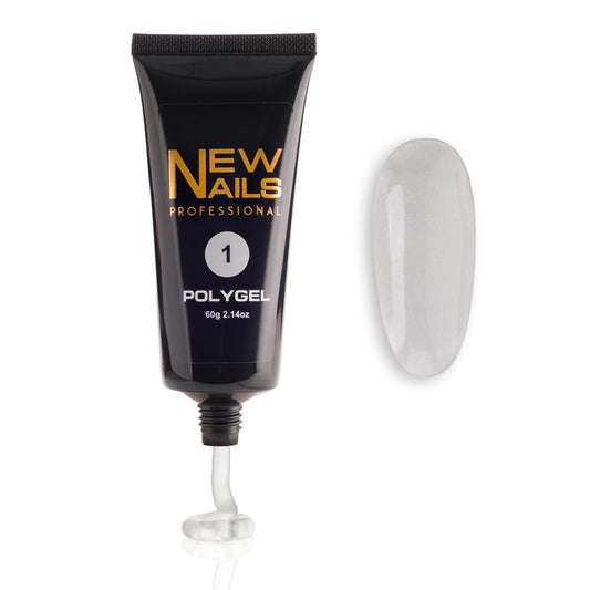 Professional Clear Polygel Nail Extension Gel in a 60g tube with clear swatch for long-lasting, vegan manicures.