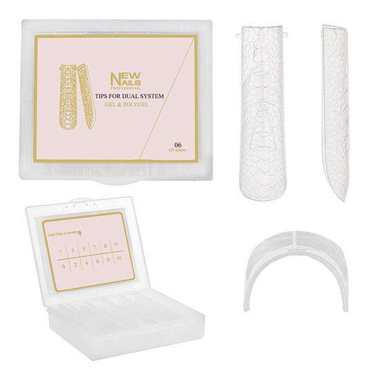 120pc clear dual system nail forms for polygel extensions in a professional organized storage case.