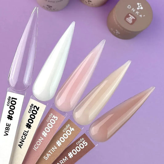 Builder gel color chart with clear white pink nude and cover builder gel swatches