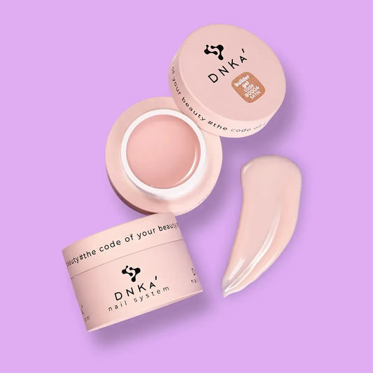 DNKa Builder Gel Satin 0004 milky beige nude builder gel color swatch and jar