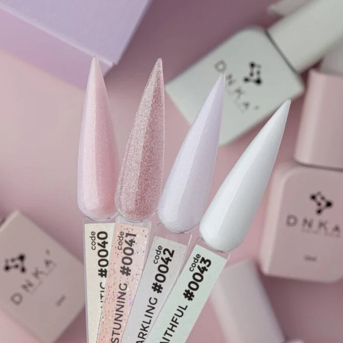DNKa Cover Base 0043 Faithful white nail swatches with other cover base shades
