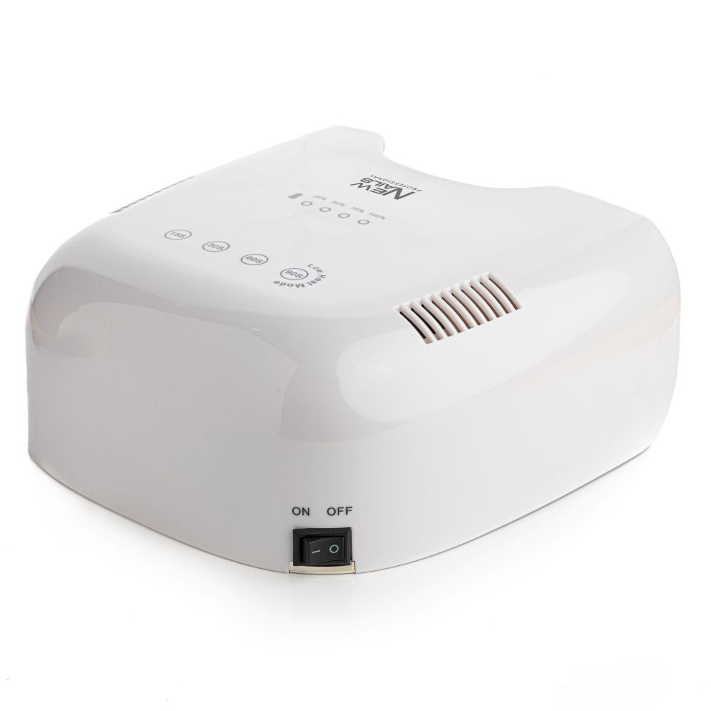 NEW NAILS Professional 80W white rechargeable UV/LED nail lamp for gel curing, on a white background.