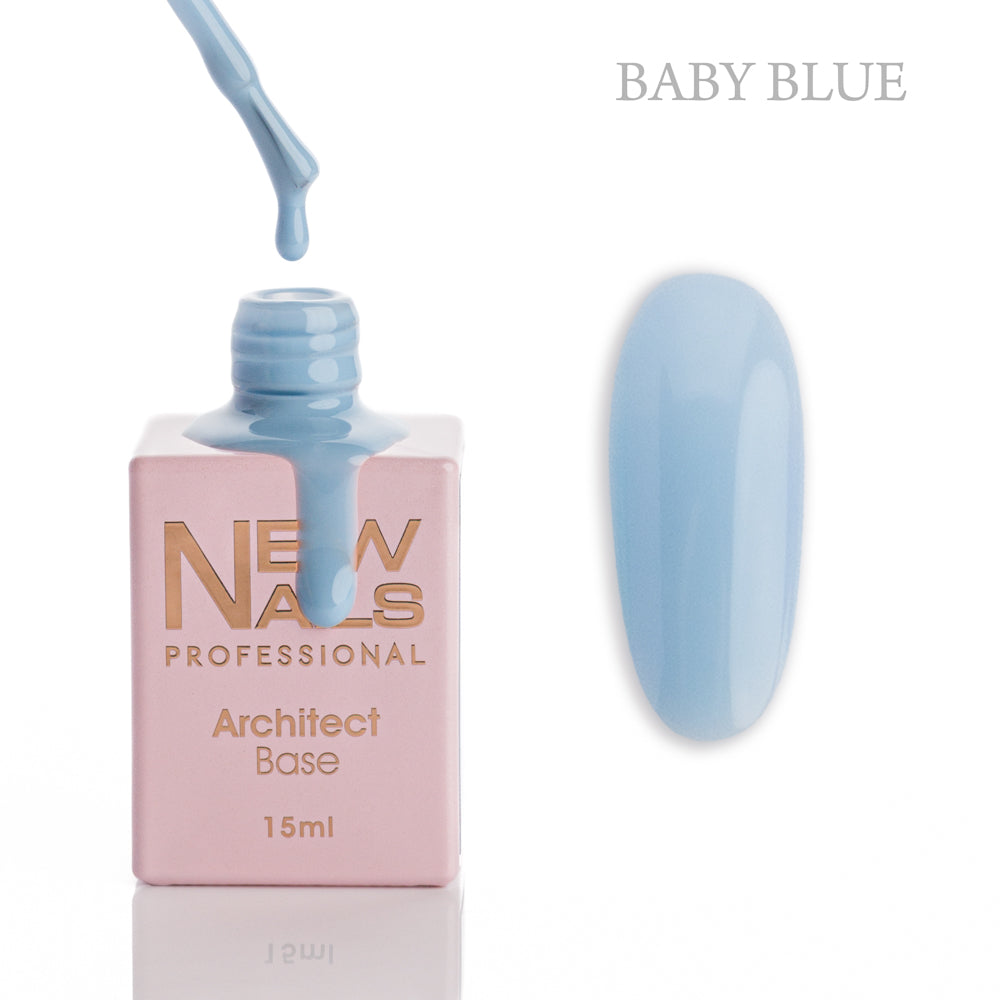 New Nails Professional Architect Base Baby Blue 15 ml bottle, brush and pastel blue rubber base gel color swatch