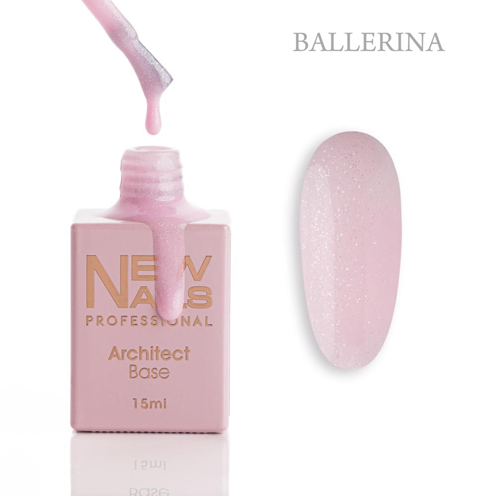 New Nails Professional Architect Base Ballerina 15 ml bottle, brush and light pink rubber base gel swatch with fine shimmer