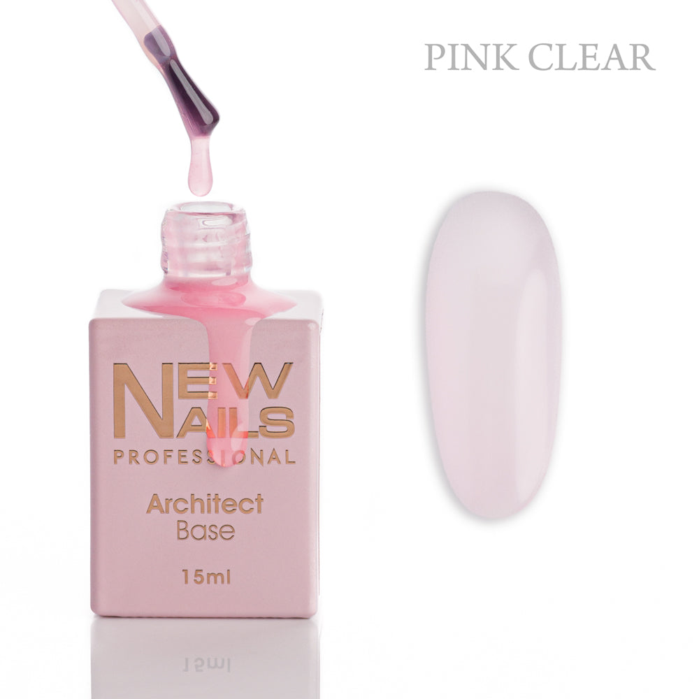 New Nails Professional Architect Base Pink Clear 15 ml bottle, brush and translucent pink rubber base gel color swatch