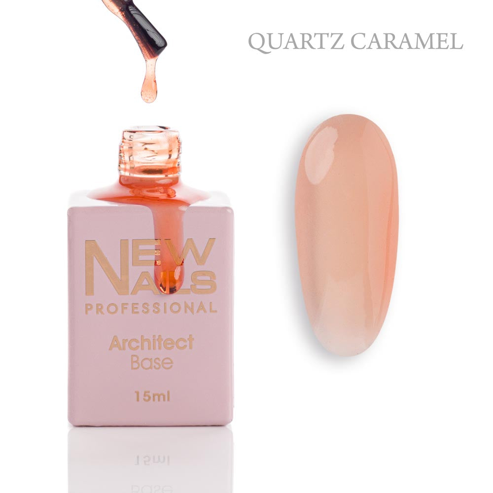New Nails Professional Architect Base Quartz Caramel 15 ml bottle, brush and translucent caramel rubber base gel swatch