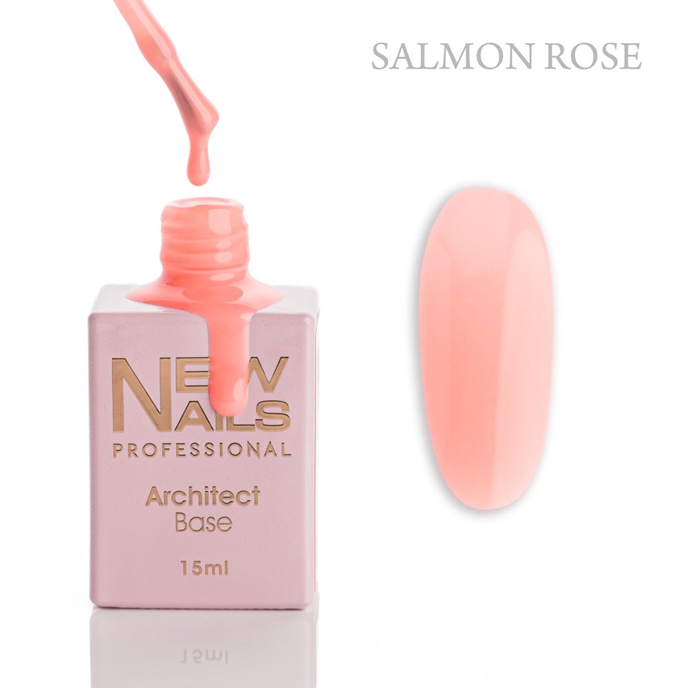 New Nails Professional Architect Base Salmon Rose 15 ml bottle, brush and soft salmon pink rubber base gel swatch