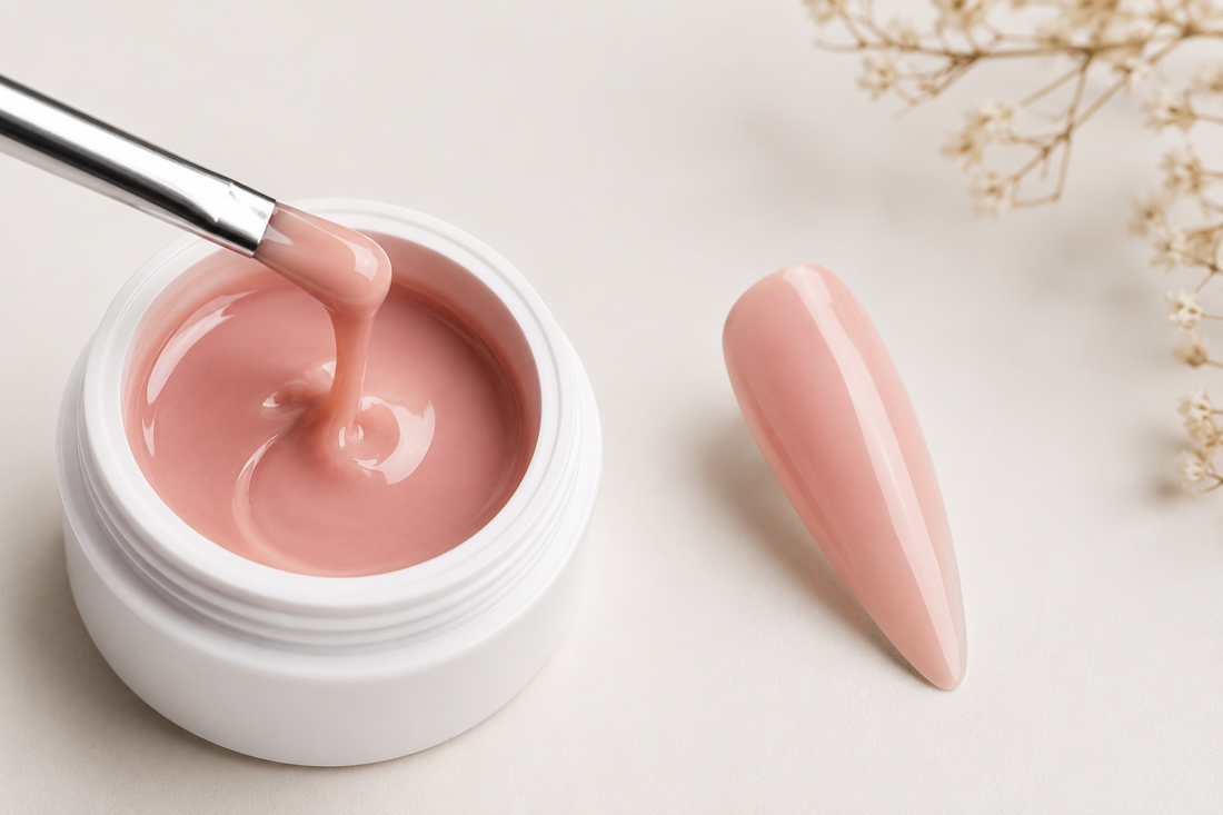 builder gel manicure showing pink builder gel texture and nail extension structure