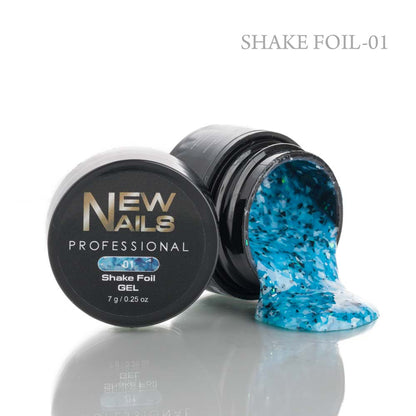 Blue Shake Foil-01 nail art transfer gel in a 7g professional jar with iridescent flakes for nail decoration.
