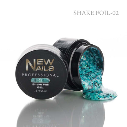 Teal Shake Foil Gel (02) for professional nail art, 7g container with iridescent flakes and decorative foil texture.