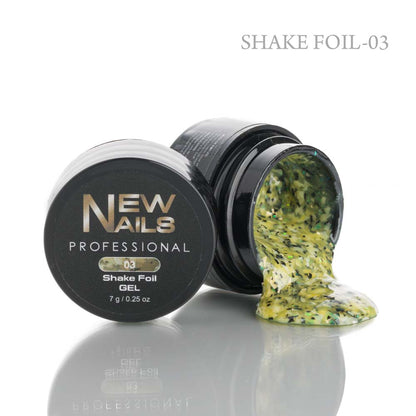 Shake Foil 03 professional nail art gel with green and gold flakes in a 7g container for decorative nail designs.