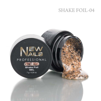 Professional Shake Foil Gel 04 for nail art, 7g jar of peach and black iridescent decorative flakes.