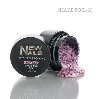 New Nails Professional Shake Foil-05, a 7g pot of light purple and black flake nail art transfer gel for decorations.