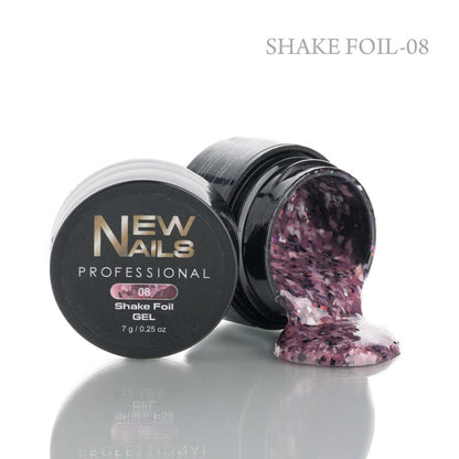 Professional purple Shake Foil Gel (08) in a 7g jar for metallic flake nail art decoration and transfer effects.