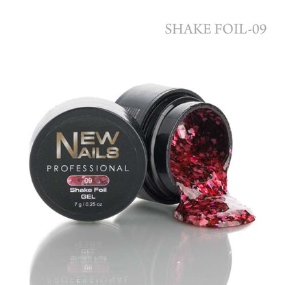 Red Shake Foil Gel 09 for nail art. Professional 7g container showing metallic flakes for nail decoration.