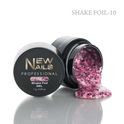 Professional pink Shake Foil gel nail art decoration in a 7g container for metallic flake nail designs.