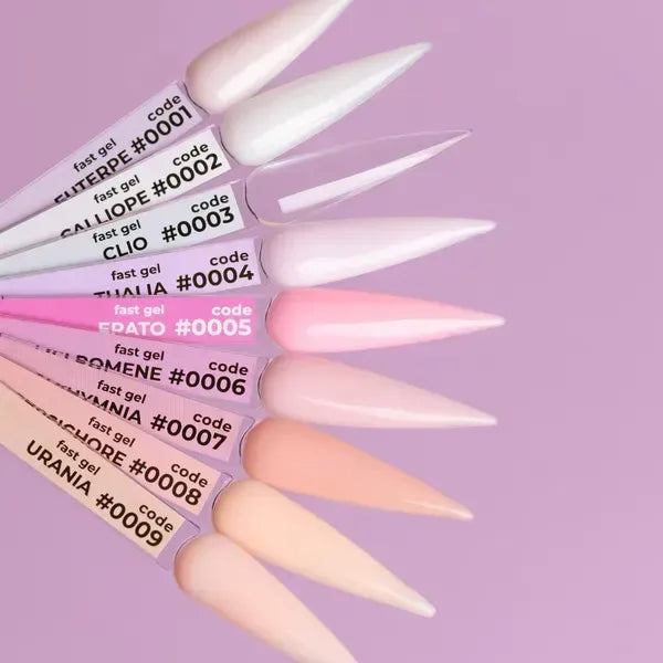 DNKa Fast Gel liquid builder gel color chart showing shades 0001 through 0009
