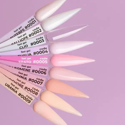 DNKa Fast Gel liquid builder gel color chart showing shades 0001 through 0009