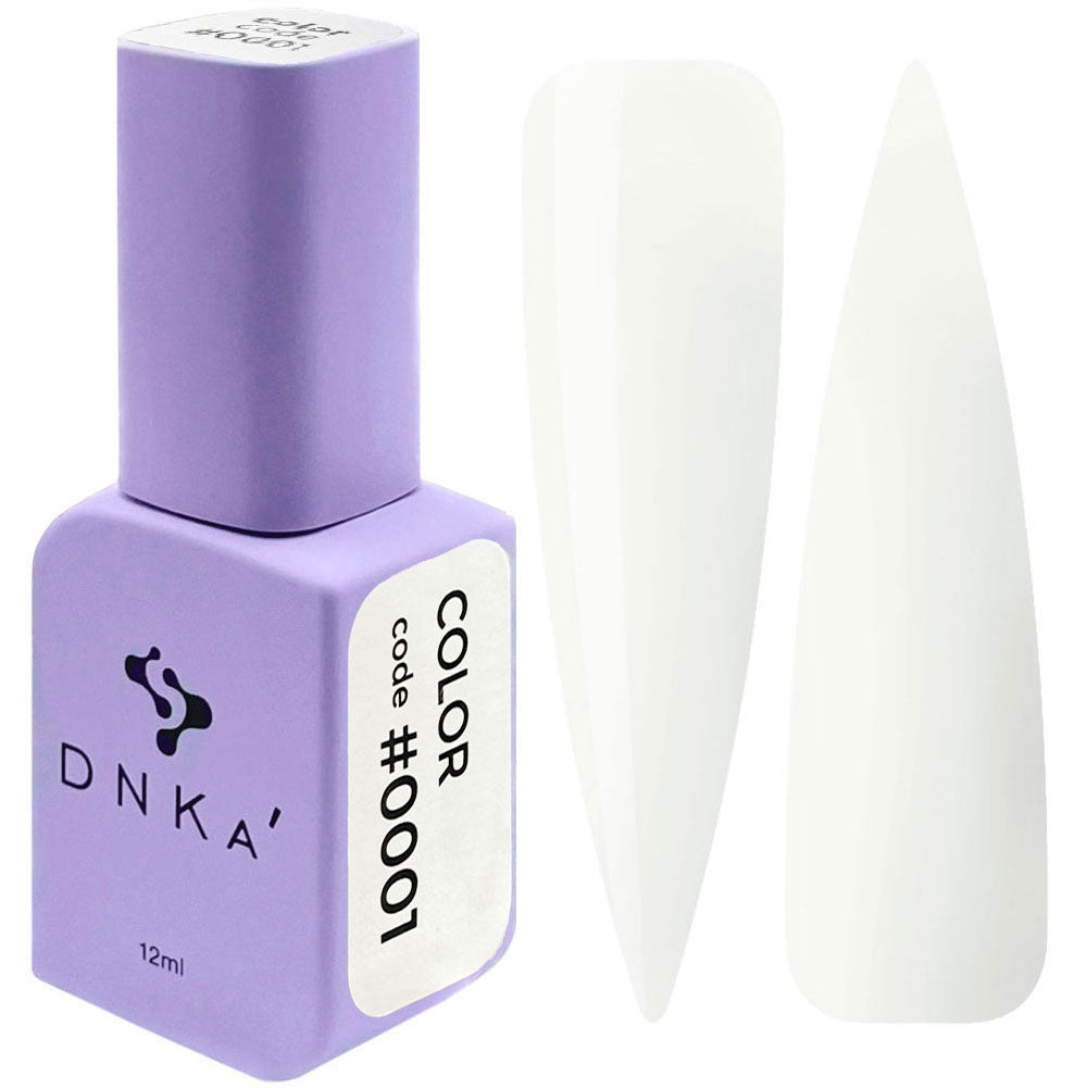 12ml bottle of DNKa' Gel Polish Color #0001 in pure white, shown with two nail swatches on a white background, in a Soft Touch velvet jar