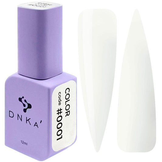 12ml bottle of DNKa' Gel Polish Color #0001 in pure white, shown with two nail swatches on a white background, in a Soft Touch velvet jar