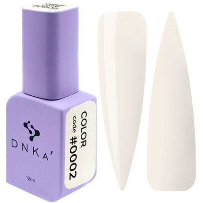 12ml bottle of DNKa' Gel Polish Color #0002 in warm ivory white, shown with two nail swatches on a white background, in a Soft Touch velvet jar