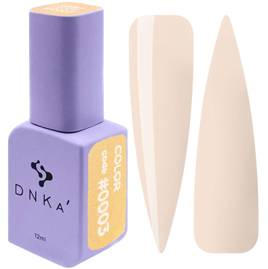 12ml bottle of DNKa' Gel Polish Color #0003 in warm sandy beige nude, shown with two nail swatches on a white background, in a Soft Touch velvet jar