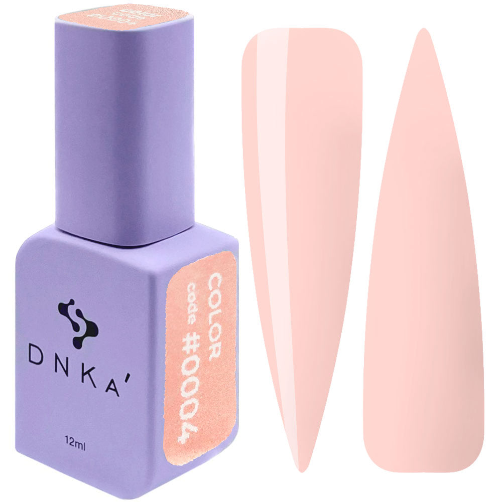 12ml bottle of DNKa' Gel Polish Color #0004 in warm peach blush nude, shown with two nail swatches on a white background, in a Soft Touch velvet jar