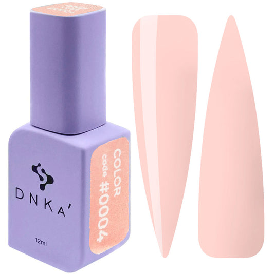 12ml bottle of DNKa' Gel Polish Color #0004 in warm peach blush nude, shown with two nail swatches on a white background, in a Soft Touch velvet jar