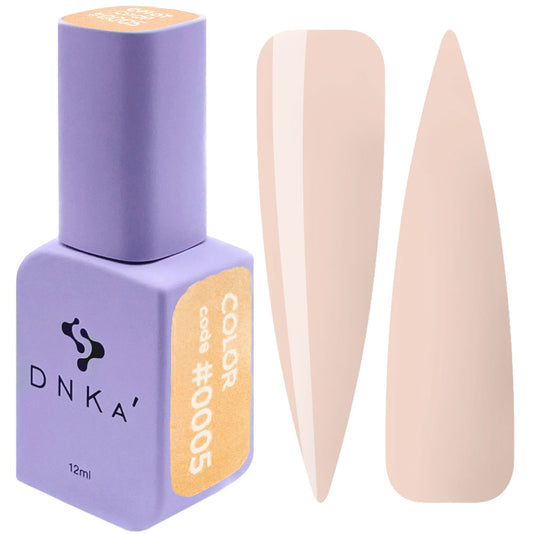 12ml bottle of DNKa' Gel Polish Color #0005 in warm linen nude, shown with two nail swatches on a white background, in a Soft Touch velvet jar