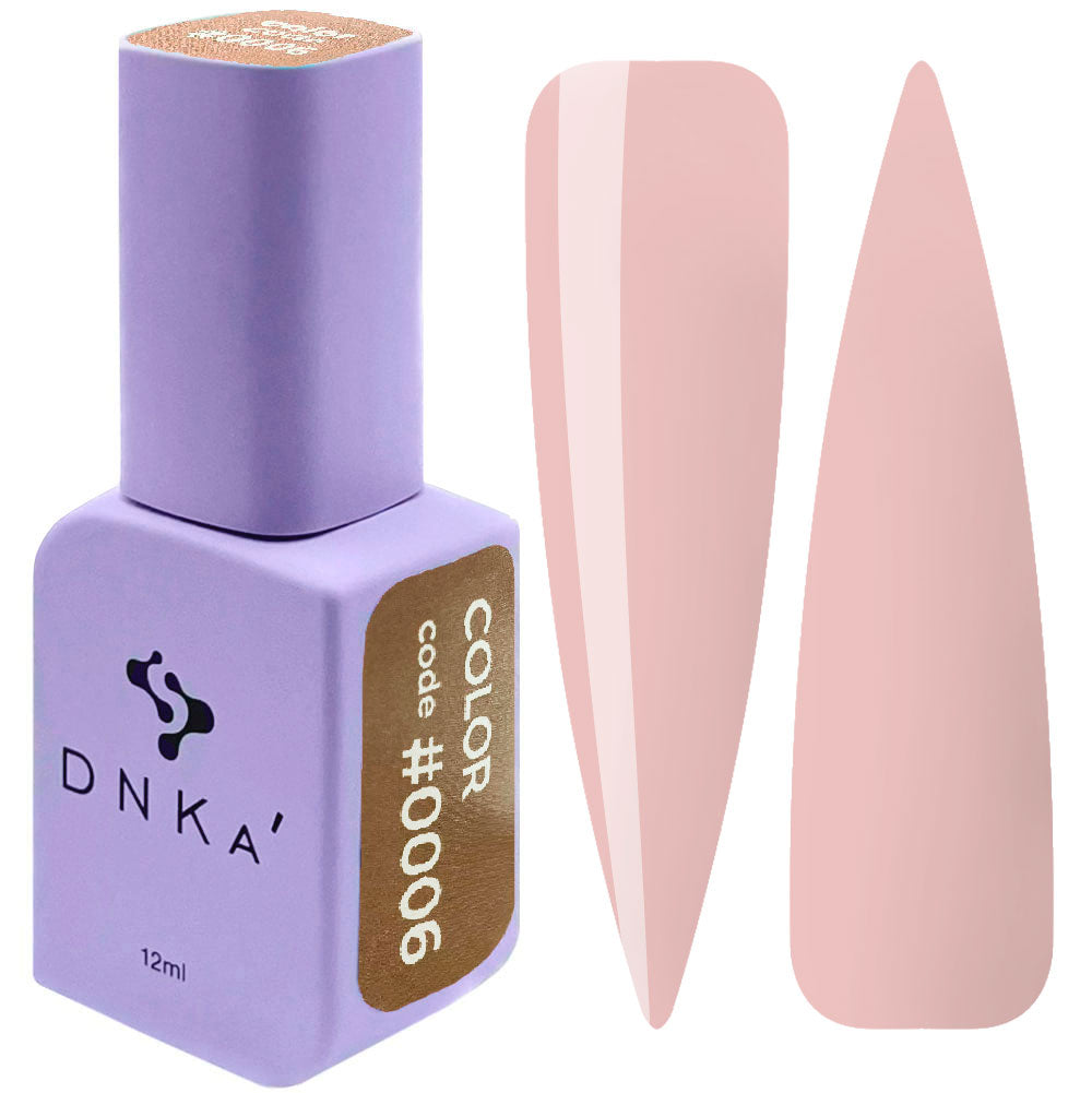 12ml bottle of DNKa' Gel Polish Color #0006 in warm rose brown nude, shown with two nail swatches on a white background, in a Soft Touch velvet jar