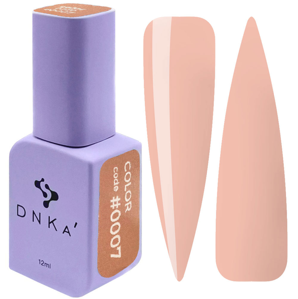 12ml bottle of DNKa' Gel Polish Color #0007 in warm peachy nude, shown with two nail swatches on a white background, in a Soft Touch velvet jar