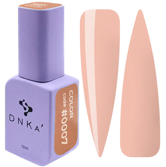 12ml bottle of DNKa' Gel Polish Color #0007 in warm peachy nude, shown with two nail swatches on a white background, in a Soft Touch velvet jar