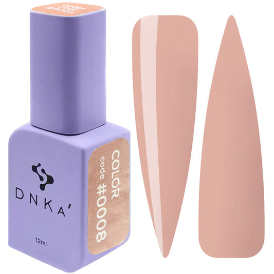 12ml bottle of DNKa' Gel Polish Color #0008 in warm terracotta nude, shown with two nail swatches on a white background, in a Soft Touch velvet jar