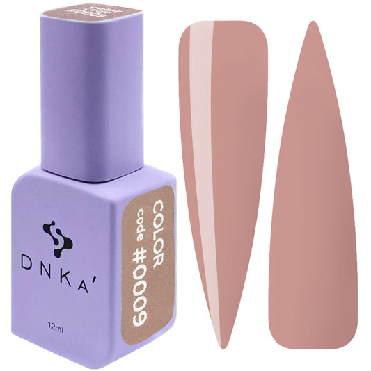 12ml bottle of DNKa' Gel Polish Color #0009 in deep cinnamon brown nude, shown with two nail swatches on a white background, in a Soft Touch velvet jar