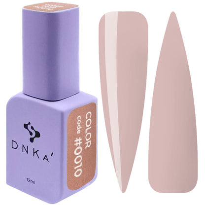 12ml bottle of DNKa' Gel Polish Color #0010 in toasted greige nude, shown with two nail swatches on a white background, in a Soft Touch velvet jar