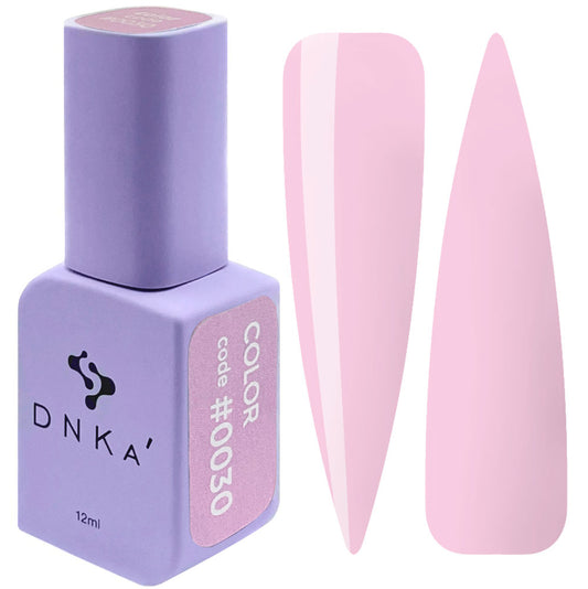 12ml bottle of DNKa' Gel Polish Color #0030 in soft powder blush nude, shown with two nail swatches on a white background, in a Soft Touch velvet jar