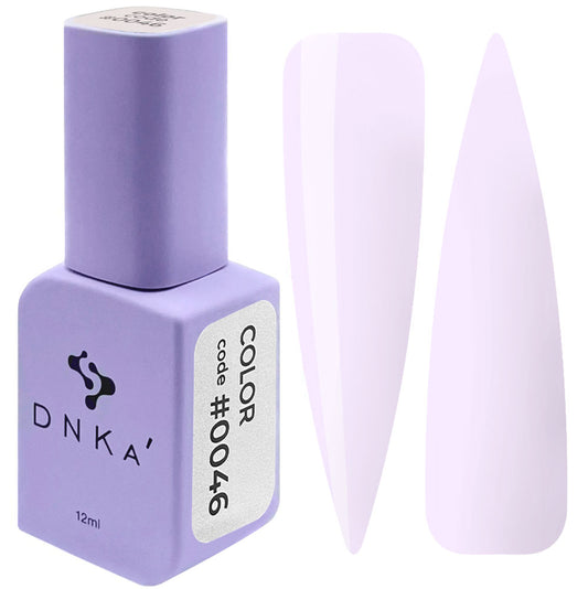 12ml bottle of DNKa' Gel Polish Color #0046 in ultra-pale lavender milk, shown with two nail swatches on a white background, in a Soft Touch velvet jar