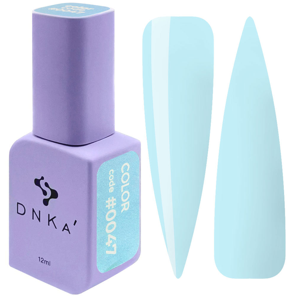12ml bottle of DNKa' Gel Polish Color #0047 in soft pastel mint blue, shown with two nail swatches on a white background, in a Soft Touch velvet jar