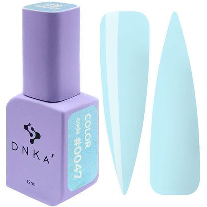 12ml bottle of DNKa' Gel Polish Color #0047 in soft pastel mint blue, shown with two nail swatches on a white background, in a Soft Touch velvet jar