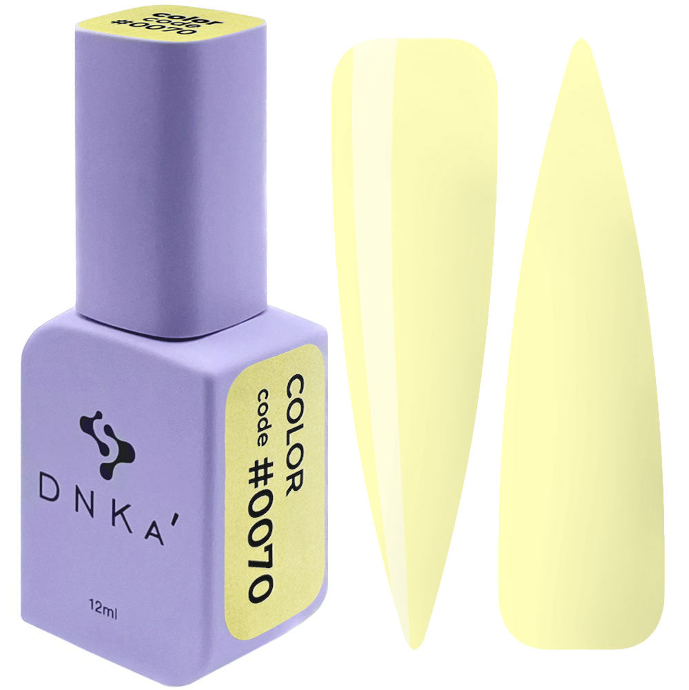 12ml bottle of DNKa' Gel Polish Color #0070 in soft pastel lemon yellow, shown with two nail swatches on a white background, in a Soft Touch velvet jar