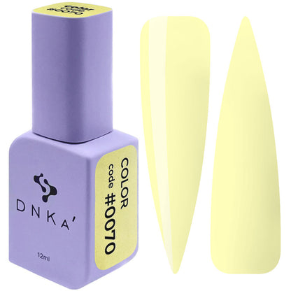 12ml bottle of DNKa' Gel Polish Color #0070 in soft pastel lemon yellow, shown with two nail swatches on a white background, in a Soft Touch velvet jar