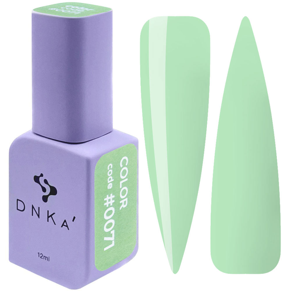 12ml bottle of DNKa' Gel Polish Color #0071 in soft pistachio green, shown with two nail swatches on a white background, in a Soft Touch velvet jar