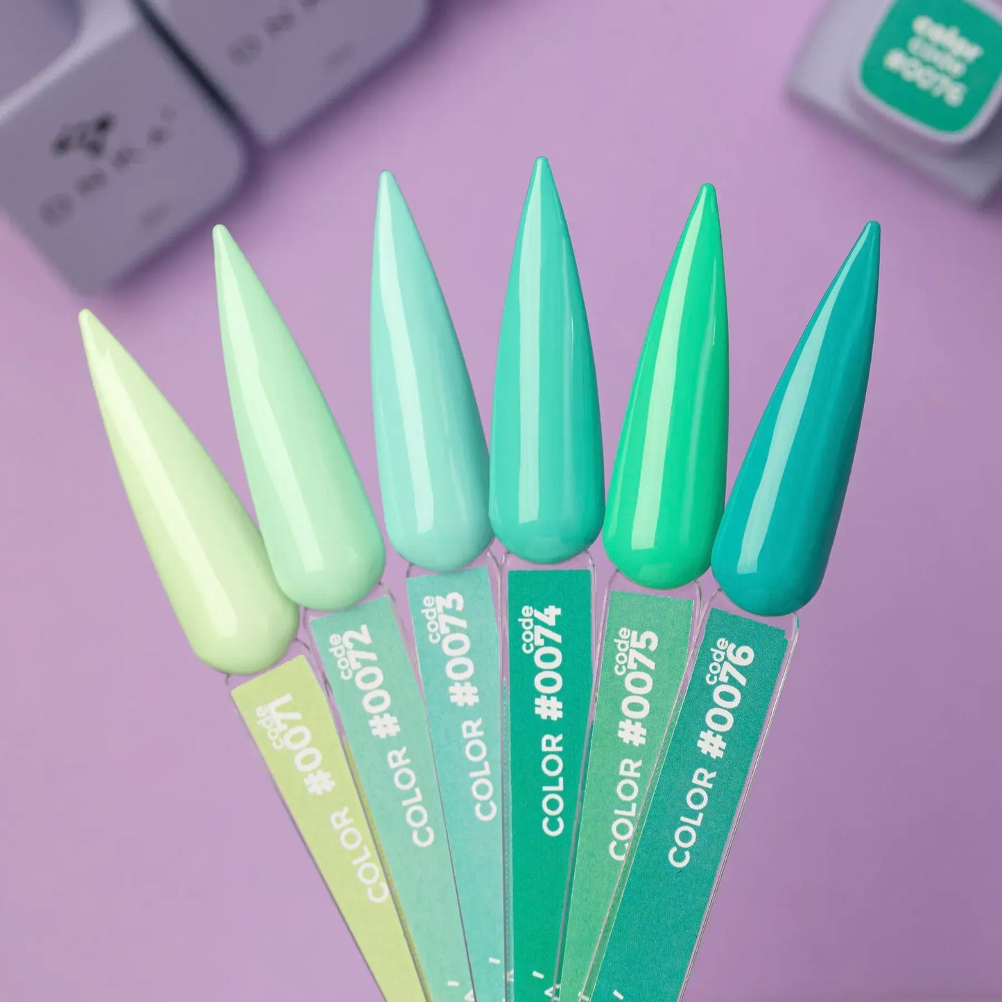 Six DNKa' Gel Polish nail swatches showing Colors #0071 through #0076, a gradient from soft pistachio and light mint to teal green and deep emerald, on a purple background