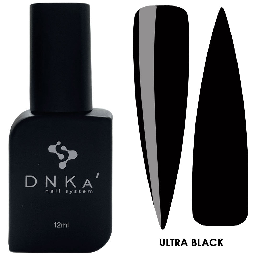 12ml bottle of DNKa' Gel Polish Ultra Black, high-pigment black gel polish in a Soft Touch velvet jar
