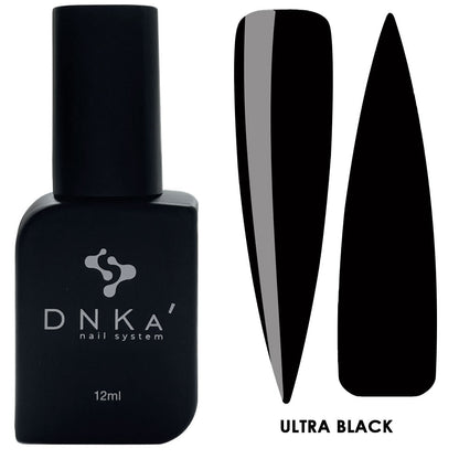 12ml bottle of DNKa' Gel Polish Ultra Black, high-pigment black gel polish in a Soft Touch velvet jar