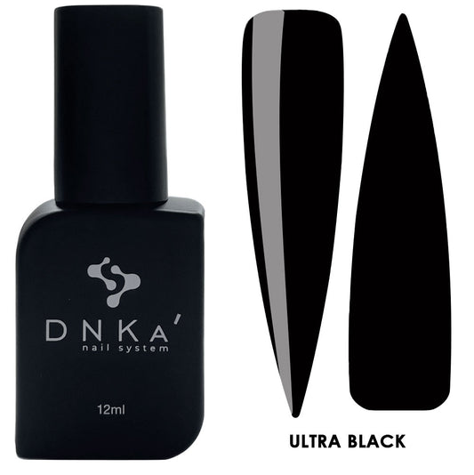 12ml bottle of DNKa' Gel Polish Ultra Black, high-pigment black gel polish in a Soft Touch velvet jar