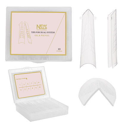 Dual System Nail Forms 120pc set for polygel extensions, showing clear reusable molds and pre-numbered storage case.