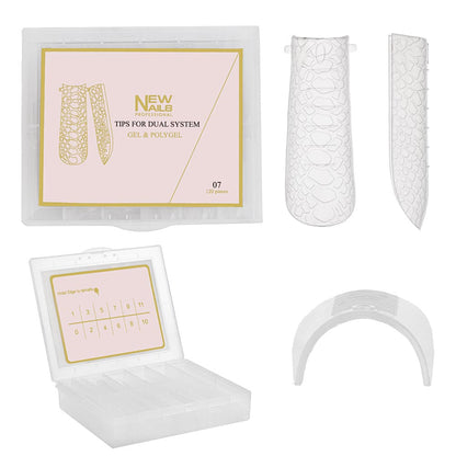 120pc clear dual system nail forms for polygel extensions in a numbered storage case with multiple size options.