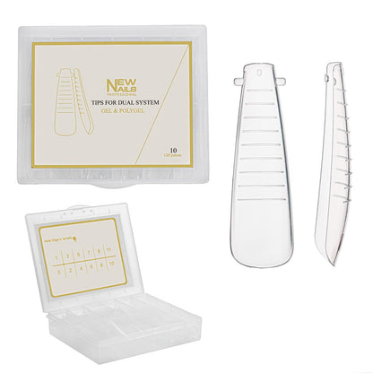 120-piece dual system nail forms set in a clear organizer box for polygel and acrygel extensions.